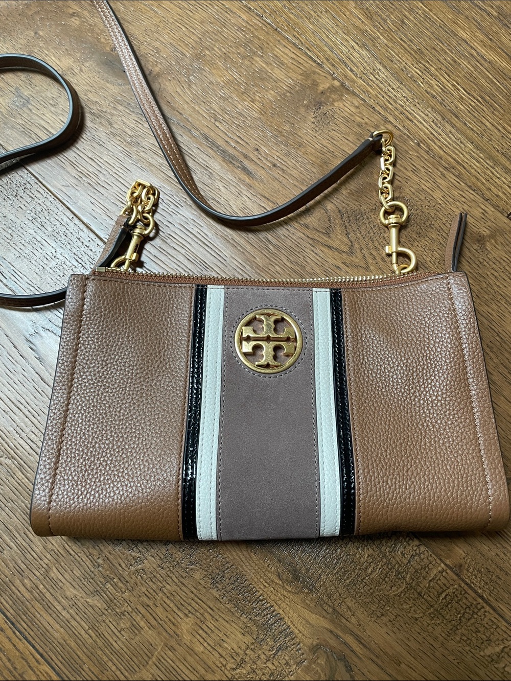 Tory Burch Tan and Cream Leather Crossbody with Gold Logo